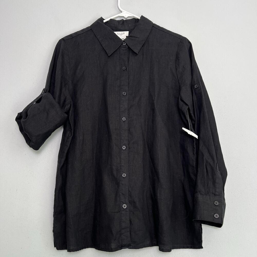 NWOT Kate Hill Women's Linen Button Up Shirt Black Petite Sz L Minimalist Boho